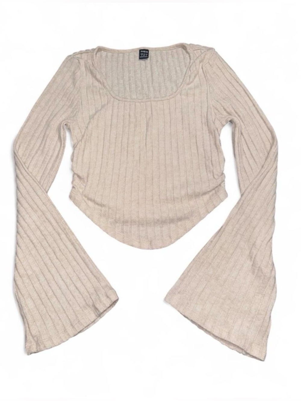 Cream Ribbed Bell-Sleeve Crop Top
